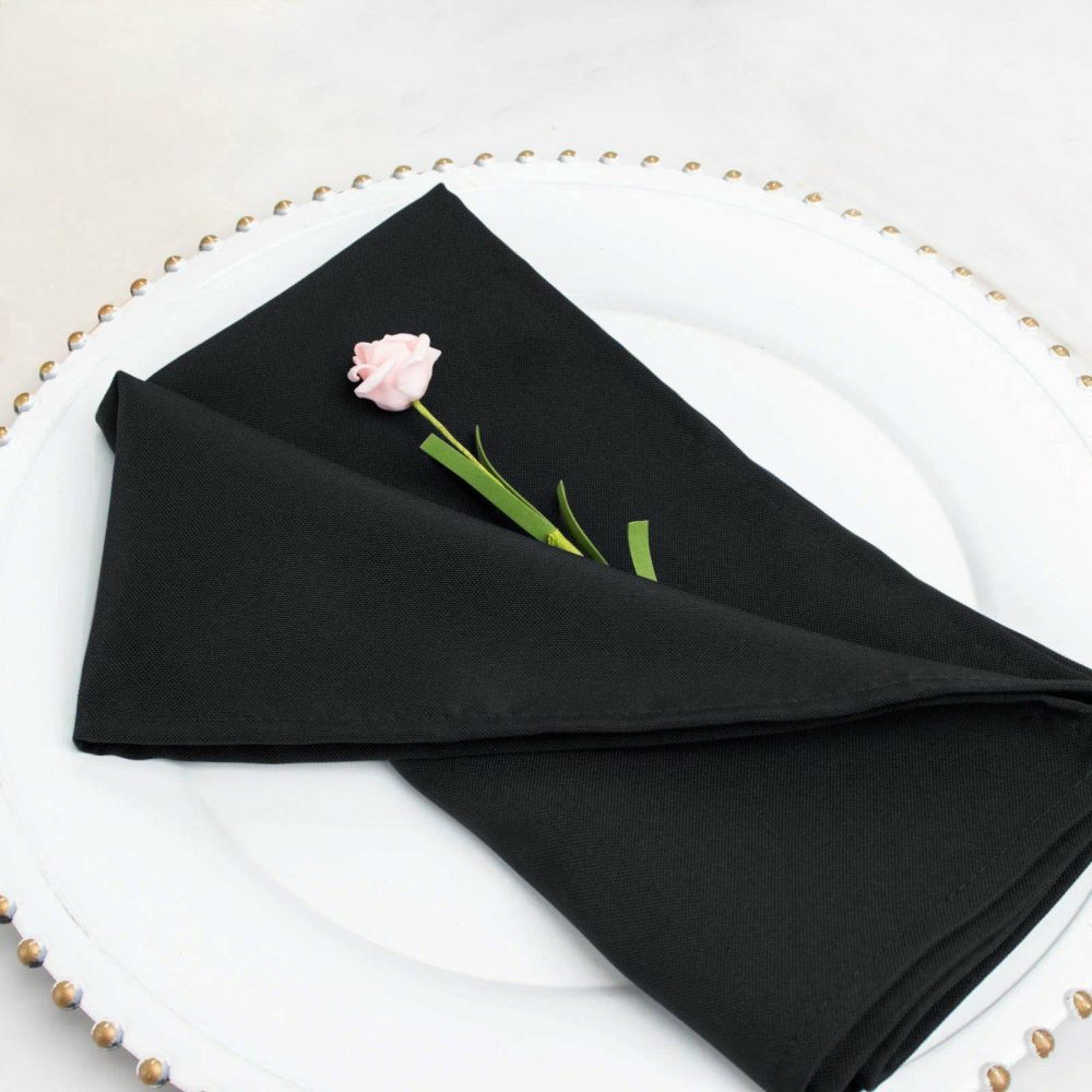 5 Pack Black Premium Polyester Dinner Napkins, Seamless Cloth Napkins 220GSM 20″x20″  |   Polyester Cloth Napkins Black