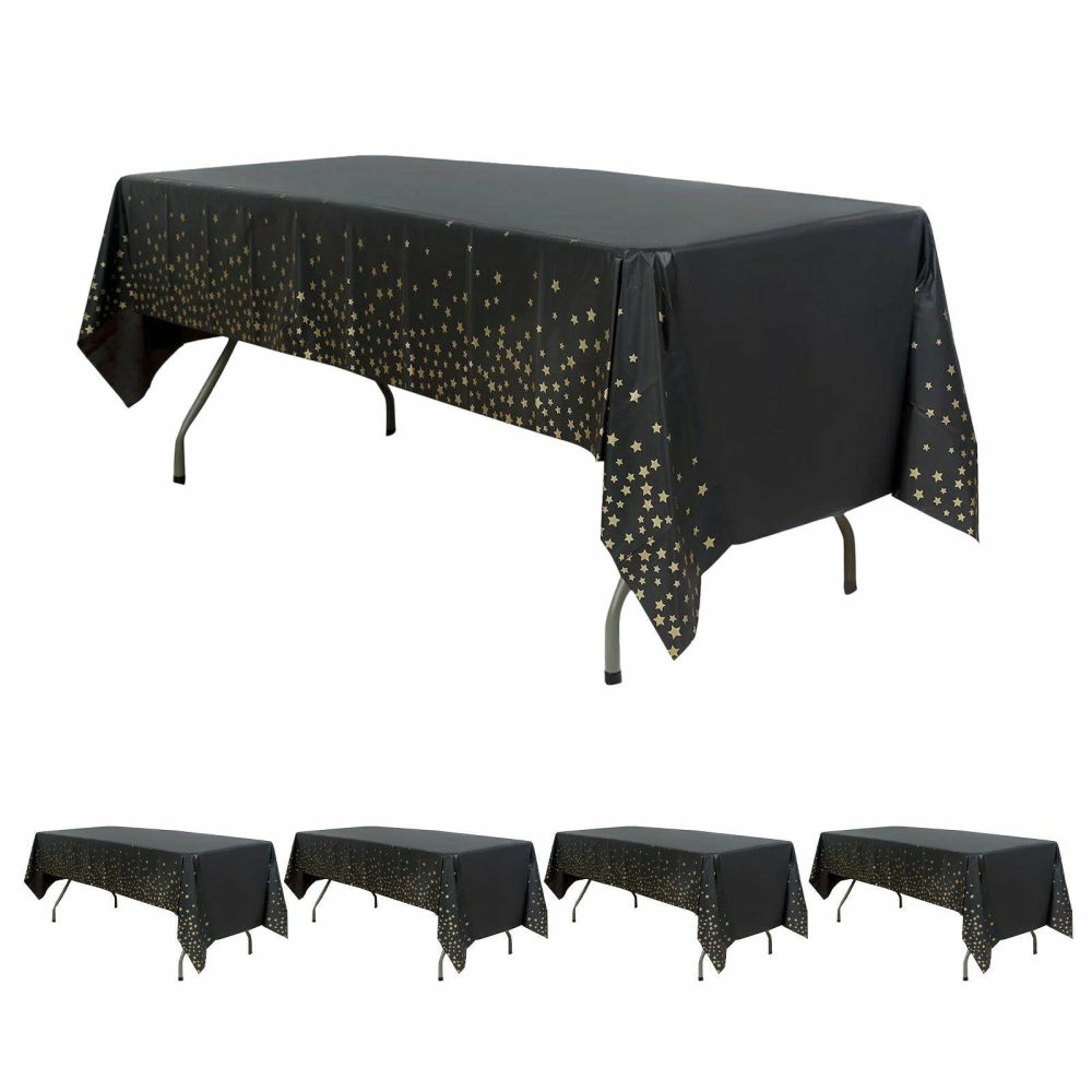 5 Pack Black Rectangle Plastic Table Covers with Gold Stars, 54″x108″ PVC Waterproof Disposable Tablecloths  |   Disposable Tablecloth Disposable Tablecloth Black/Gold