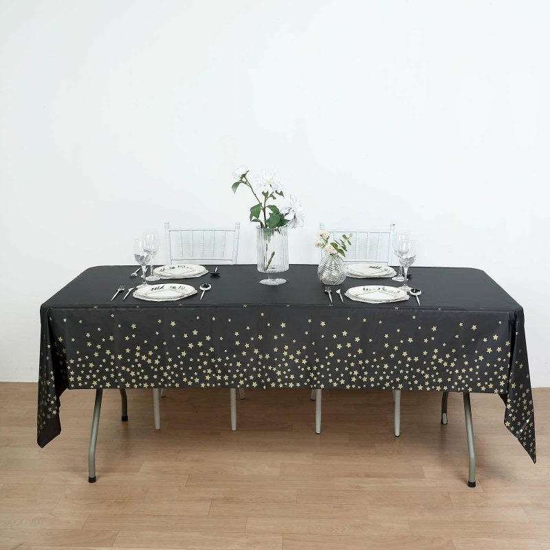 5 Pack Black Rectangle Plastic Table Covers with Gold Stars, 54″x108″ PVC Waterproof Disposable Tablecloths  |   Disposable Tablecloth Disposable Tablecloth Black/Gold