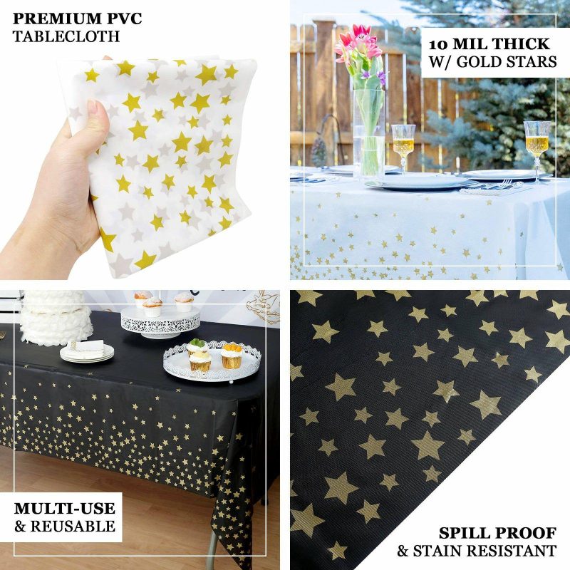 5 Pack Black Rectangle Plastic Table Covers with Gold Stars, 54″x108″ PVC Waterproof Disposable Tablecloths  |   Disposable Tablecloth Disposable Tablecloth Black/Gold