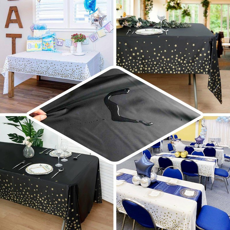 5 Pack Black Rectangle Plastic Table Covers with Gold Stars, 54″x108″ PVC Waterproof Disposable Tablecloths  |   Disposable Tablecloth Disposable Tablecloth Black/Gold