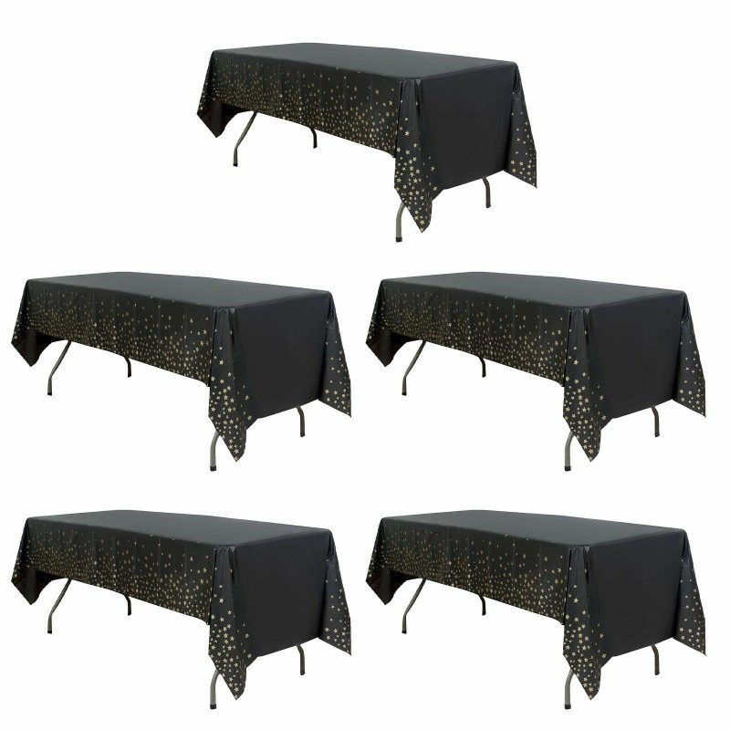 5 Pack Black Rectangle Plastic Table Covers with Gold Stars, 54″x108″ PVC Waterproof Disposable Tablecloths  |   Disposable Tablecloth Disposable Tablecloth Black/Gold