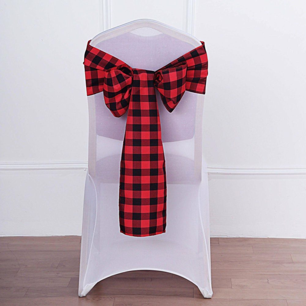 5 Pack Black / Red Buffalo Plaid Checkered Chair Sashes 6″x108″  |   Polyester Chair Sashes Black/Red