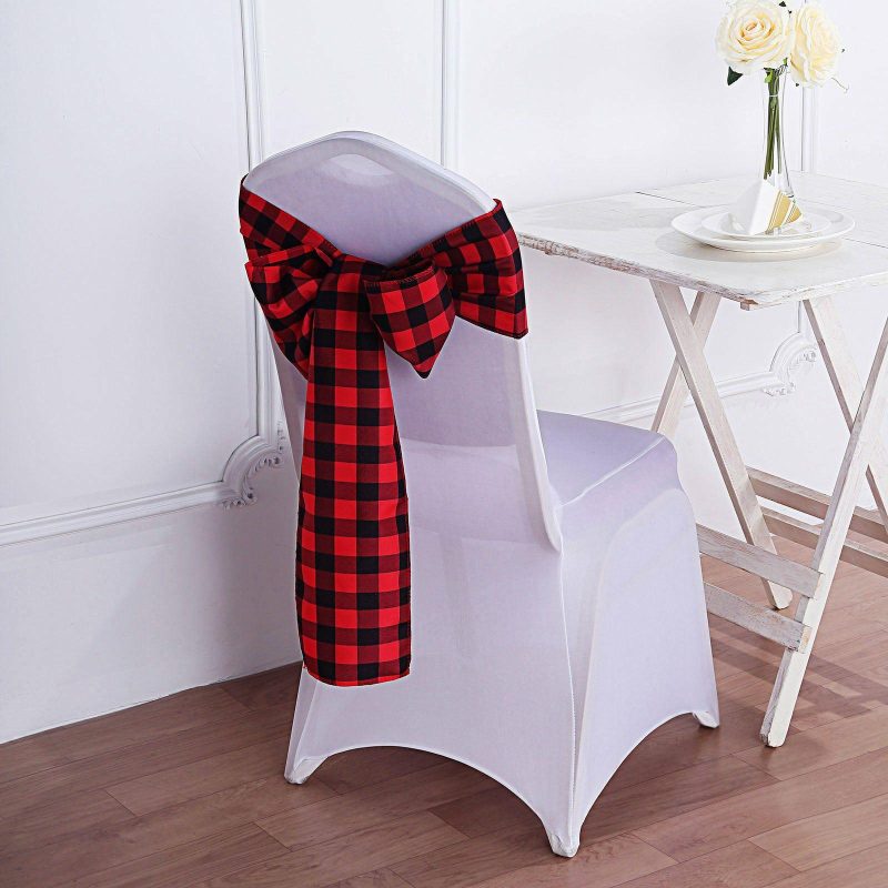 5 Pack Black / Red Buffalo Plaid Checkered Chair Sashes 6″x108″  |   Polyester Chair Sashes Black/Red