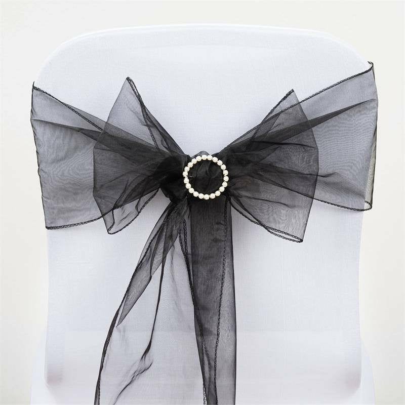 5 Pack Black Sheer Organza Chair Sashes 6″x108″  |   Organza & Chiffon Chair Sashes Black