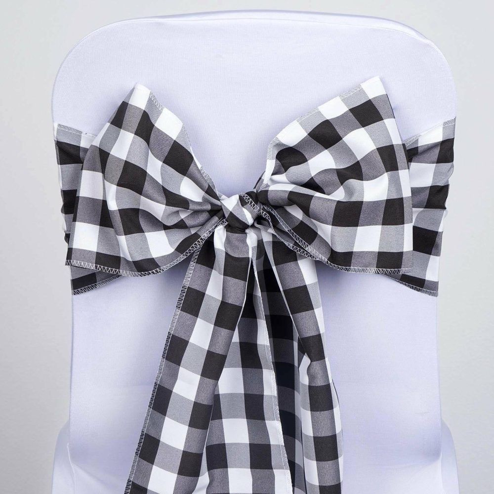 5 Pack Black / White Buffalo Plaid Checkered Chair Sashes 6″x108″  |   Polyester Chair Sashes Black