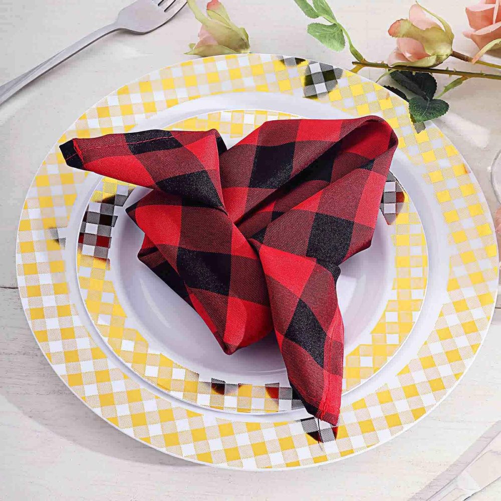 5 Pack Black/Red Buffalo Plaid Cloth Dinner Napkins, Gingham Style 15″x15″  |   Polyester Cloth Napkins Black/Red