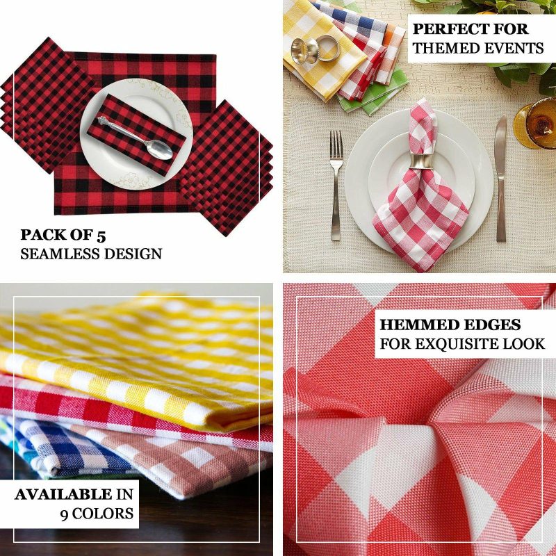 5 Pack Black/White Buffalo Plaid Cloth Dinner Napkins, Gingham Style 15″x15″  |   Polyester Cloth Napkins Black