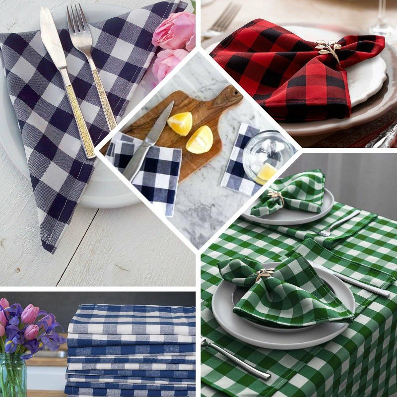 5 Pack Black/White Buffalo Plaid Cloth Dinner Napkins, Gingham Style 15″x15″  |   Polyester Cloth Napkins Black