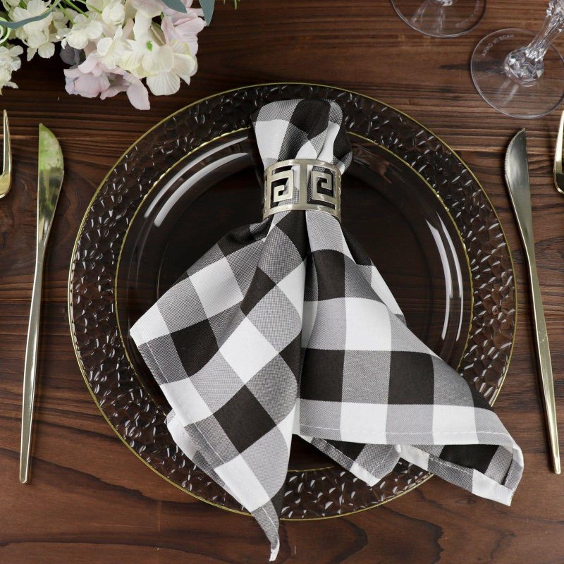 5 Pack Black/White Buffalo Plaid Cloth Dinner Napkins, Gingham Style 15″x15″  |   Polyester Cloth Napkins Black