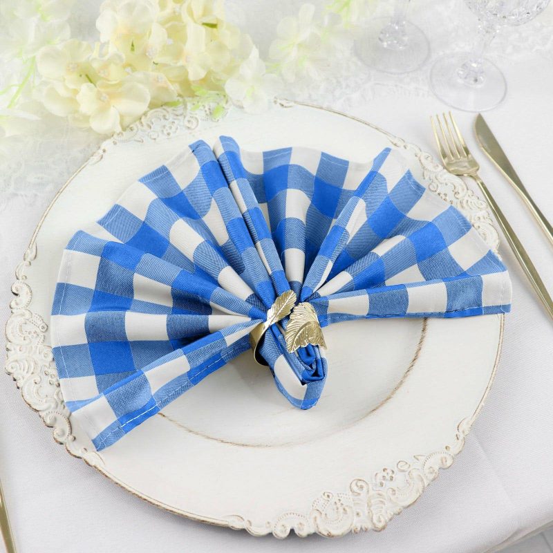 5 Pack Blue/White Buffalo Plaid Cloth Dinner Napkins, Gingham Style 15″x15″  |   Polyester Cloth Napkins Light blue