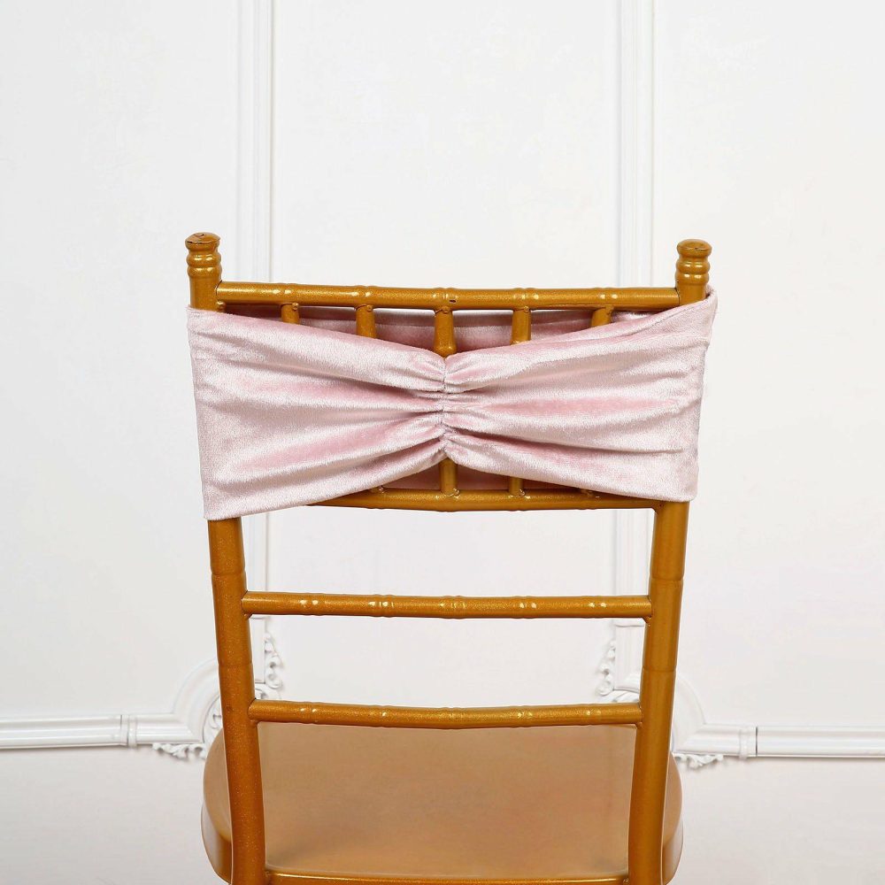 5 Pack Blush Velvet Ruffle Stretch Chair Sashes, Decorative Velvet Chair Bands  |   Velvet & Flocking Chair Sashes Blush