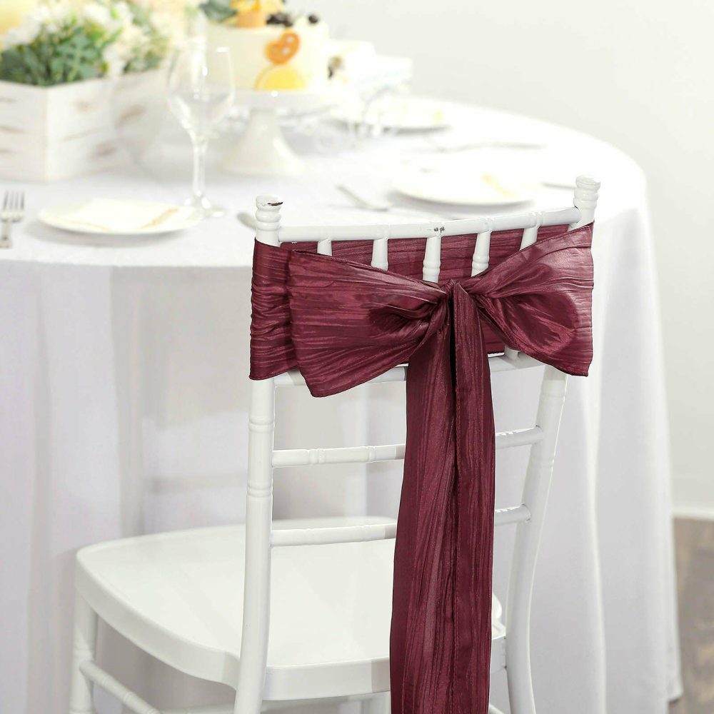 5 Pack Burgundy Accordion Crinkle Taffeta Chair Sashes 6″x106″  |   Satin & Taffeta Chair Sashes Burgundy