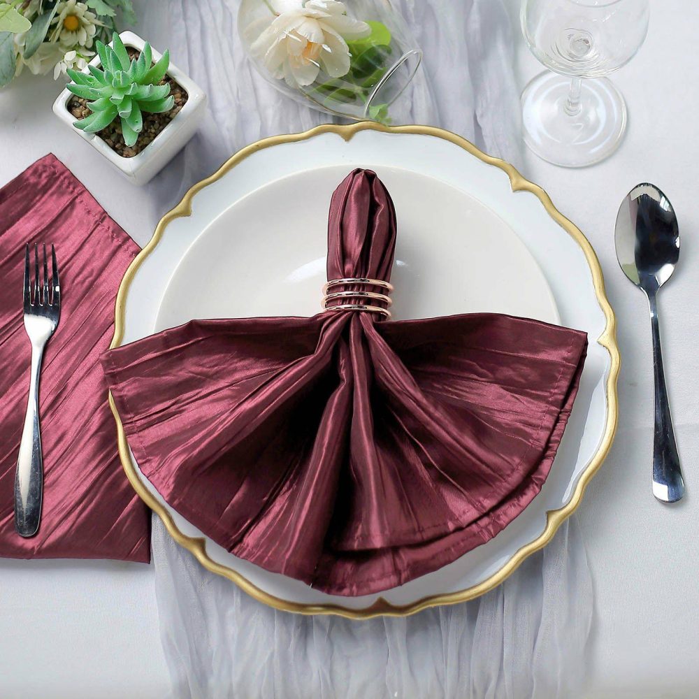 5 Pack Burgundy Accordion Crinkle Taffeta Cloth Dinner Napkins 20″x20″  |   Satin & Taffeta Cloth Napkins Burgundy