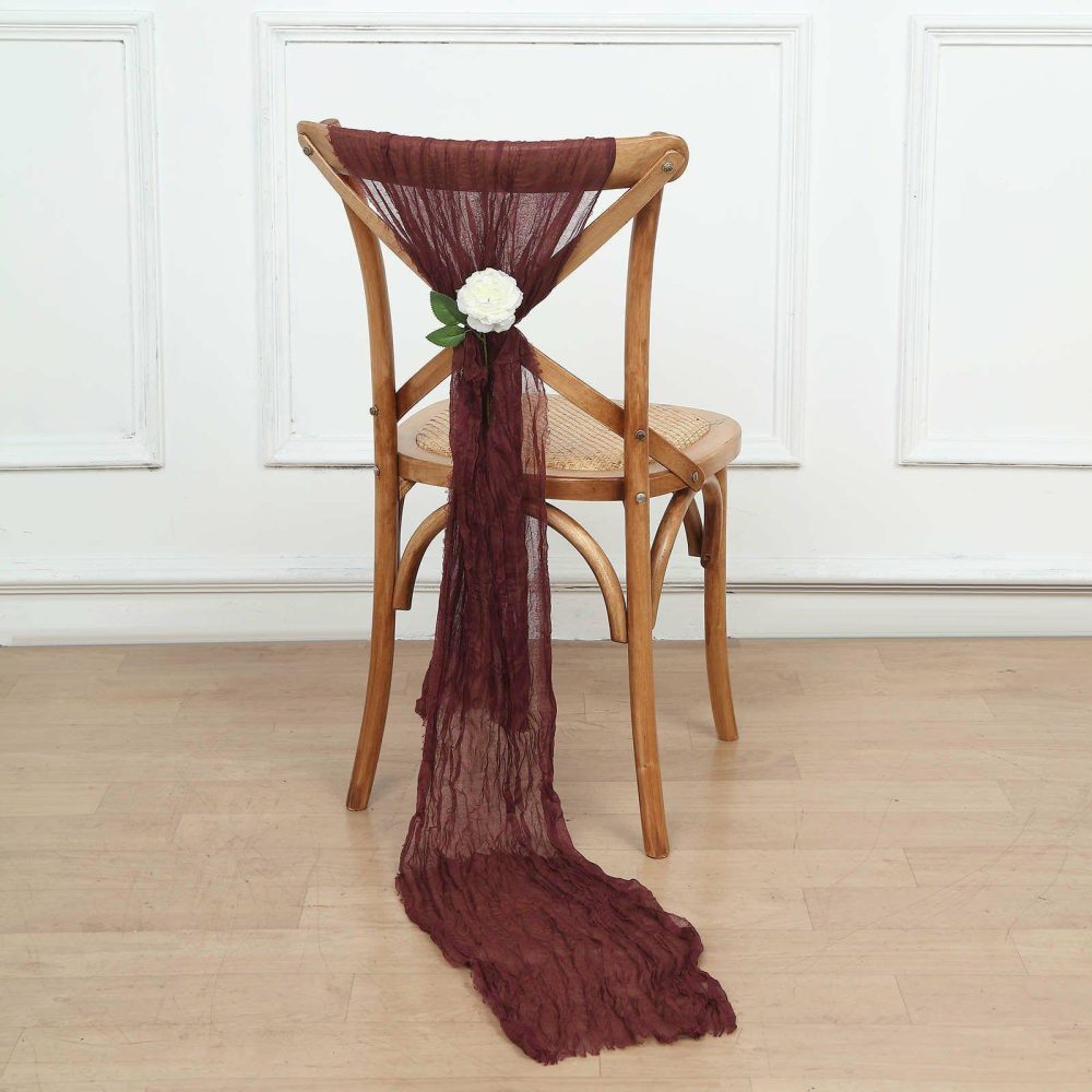 5 Pack Burgundy Gauze Cheesecloth Boho Chair Sashes 16″ x 88″  |   Jute Burlap & Lace Chair Sashes Burgundy