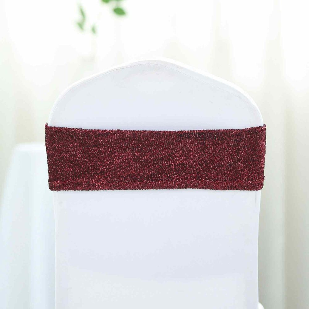 5 Pack Burgundy Metallic Shimmer Tinsel Spandex Chair Sashes  |   Spandex Fitted Chair Sashes Burgundy