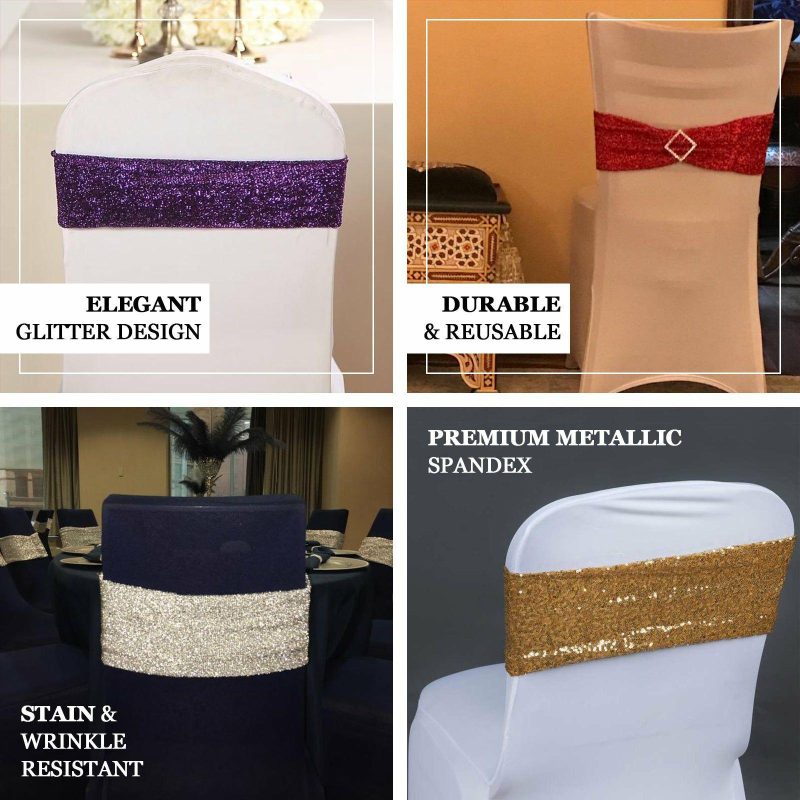 5 Pack Burgundy Metallic Shimmer Tinsel Spandex Chair Sashes  |   Spandex Fitted Chair Sashes Burgundy