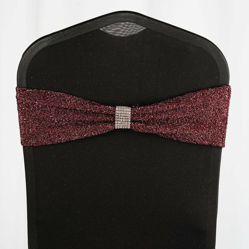 5 Pack Burgundy Metallic Shimmer Tinsel Spandex Chair Sashes  |   Spandex Fitted Chair Sashes Burgundy