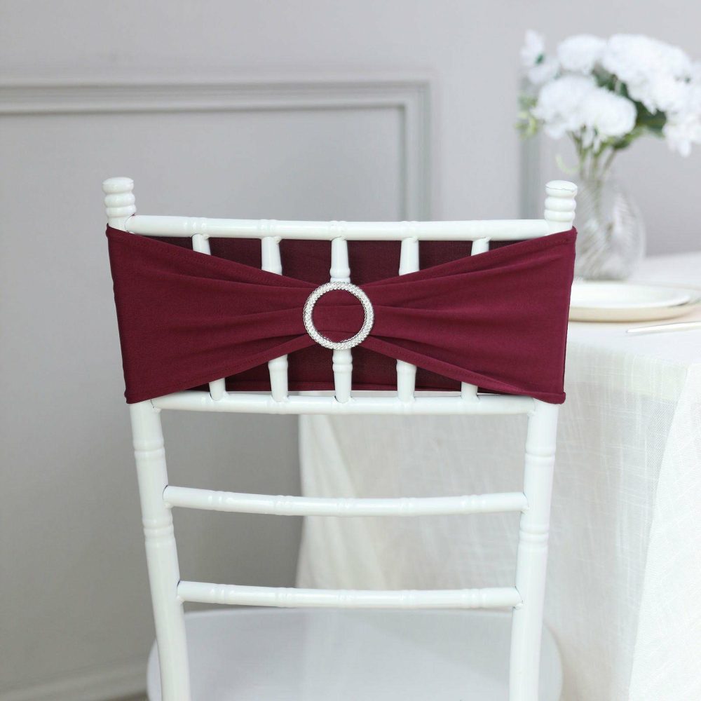 5 Pack Burgundy Spandex Stretch Chair Sashes with Silver Diamond Ring Slide Buckle 5″x14″  |   Spandex Fitted Chair Sashes Burgundy