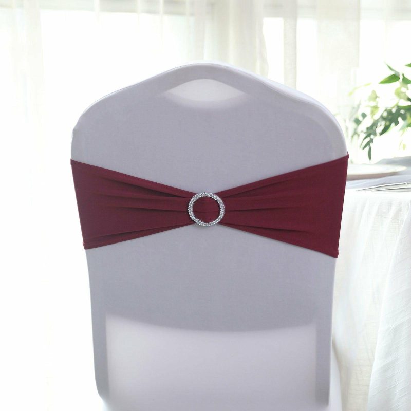 5 Pack Burgundy Spandex Stretch Chair Sashes with Silver Diamond Ring Slide Buckle 5″x14″  |   Spandex Fitted Chair Sashes Burgundy