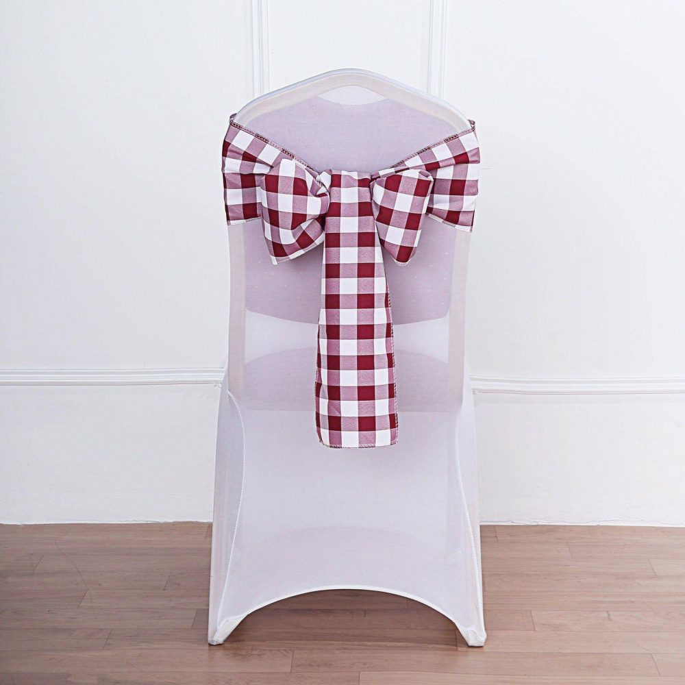 5 Pack Burgundy / White Buffalo Plaid Checkered Chair Sashes 6″x108″  |   Polyester Chair Sashes Burgundy