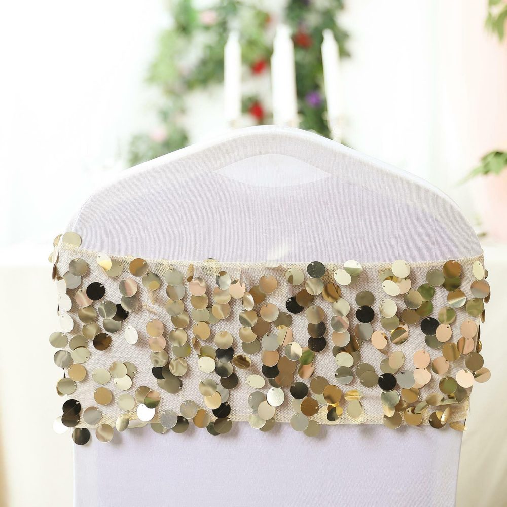 5 Pack Champagne Big Payette Sequin Chair Sash Bands 13″x10″  |   Glittering Sequin Chair Sashes Champagne