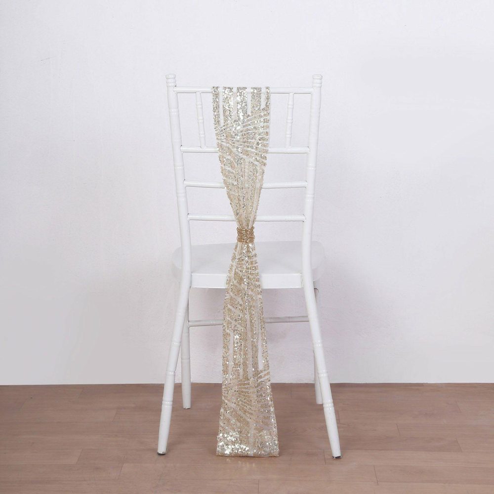 5 Pack Champagne Geometric Diamond Glitz Sequin Chair Sashes 6″x 88″  |   Glittering Sequin Chair Sashes Champagne