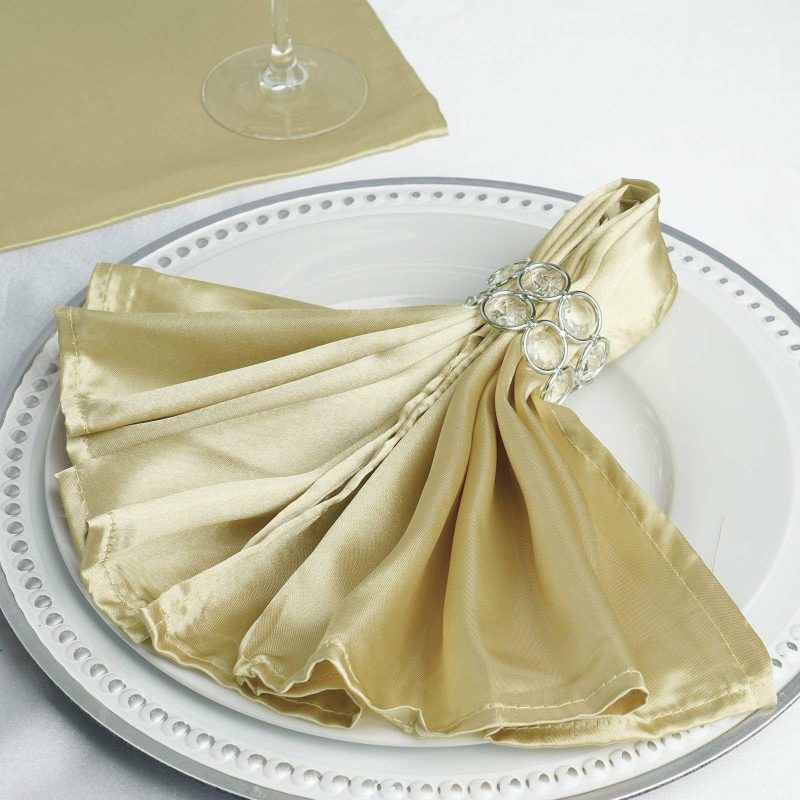 5 Pack Champagne Seamless Satin Cloth Dinner Napkins, Wrinkle Resistant 20″x20″  |   Satin & Taffeta Cloth Napkins Champagne