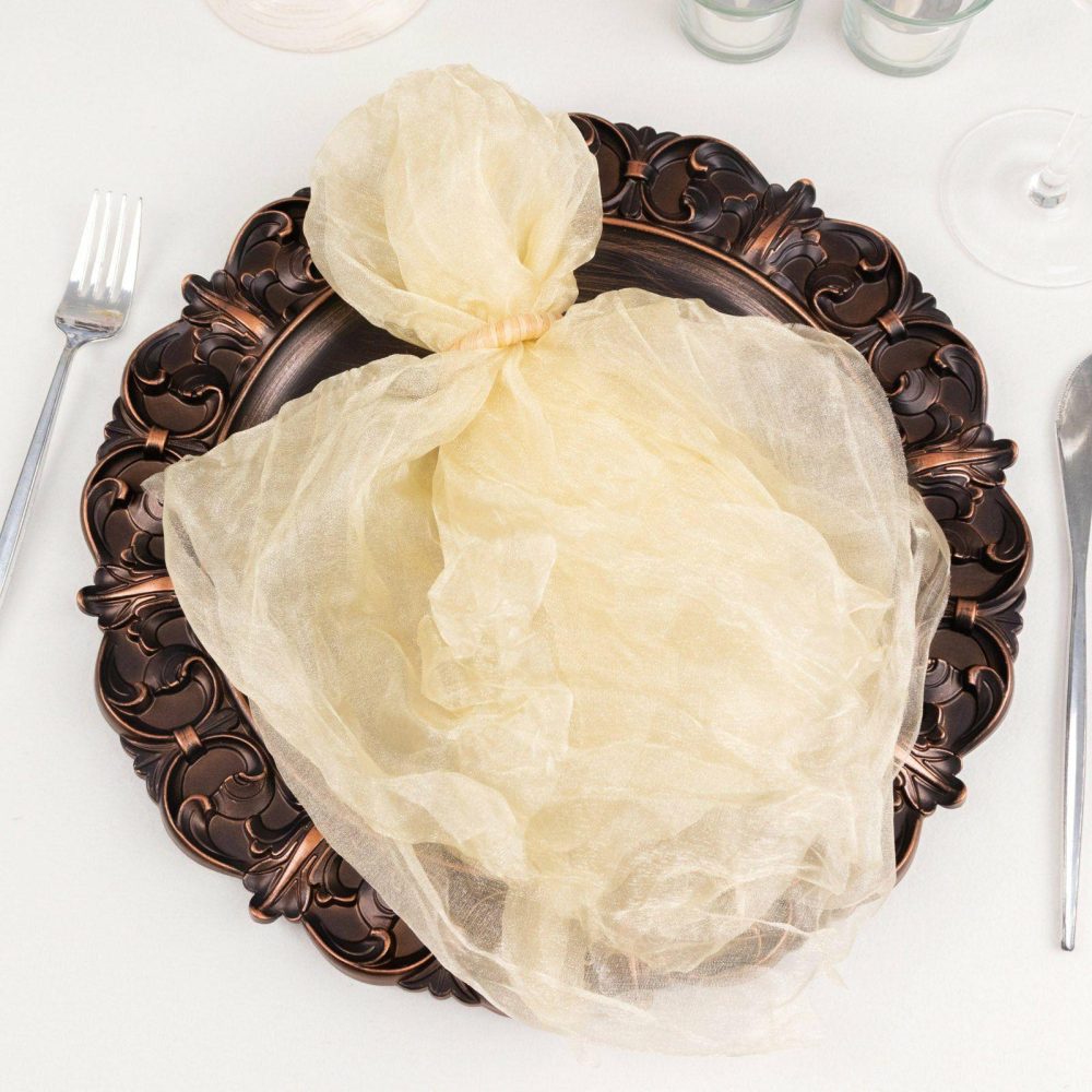 5 Pack Champagne Sheer Crinkled Organza Wedding Napkins, Premium Shimmer Decorative Dinner Napkins 21″x21″  |   Gauze Cheesecloth Cloth Napkins Champagne