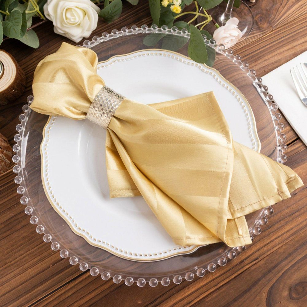 5 Pack Champagne Striped Satin Cloth Napkins, Wrinkle-Free Reusable Dinner Napkins 20″x20″  |   Satin & Taffeta Cloth Napkins Champagne