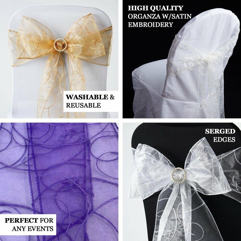 5 Pack Chocolate Embroidered Organza Chair Sashes 7″x108″  |   Organza & Chiffon Chair Sashes Chocolate