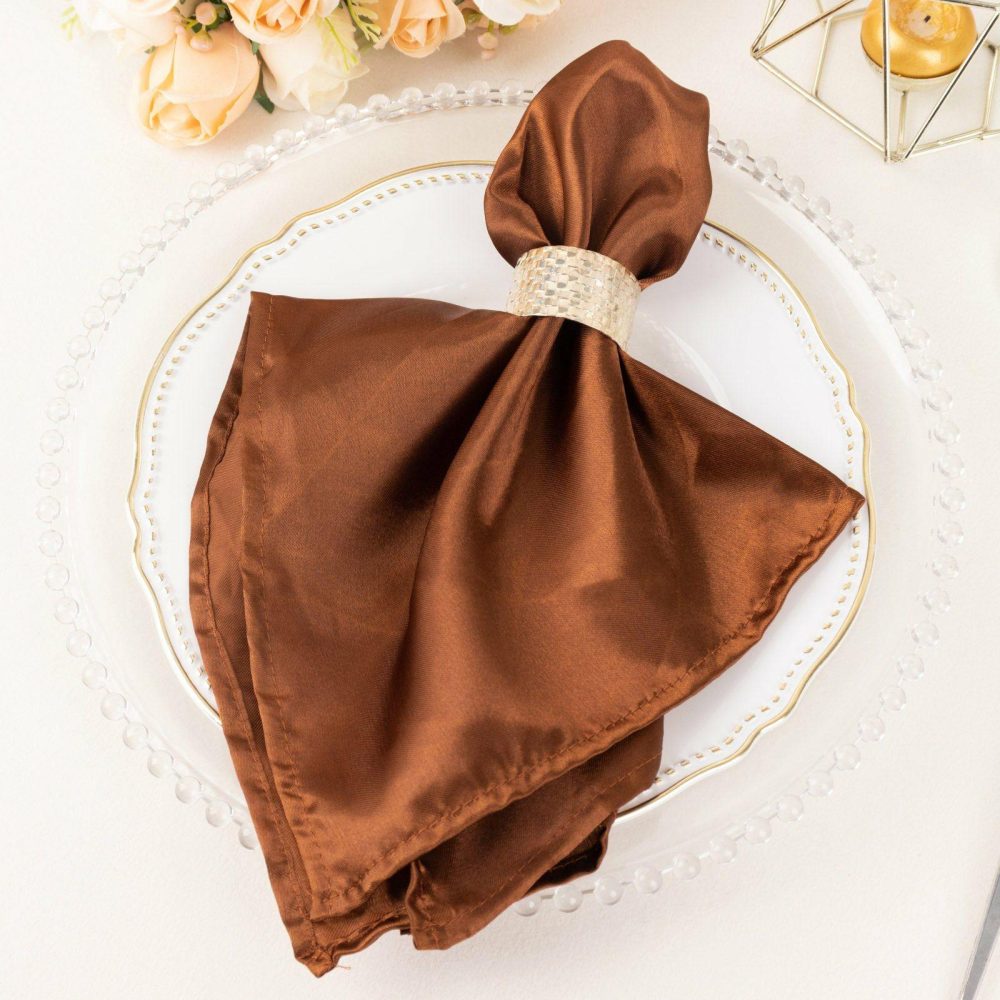 5 Pack Cinnamon Brown Seamless Satin Cloth Dinner Napkins, Wrinkle Resistant 20″x20″  |   Satin & Taffeta Cloth Napkins Cinnamon Brown