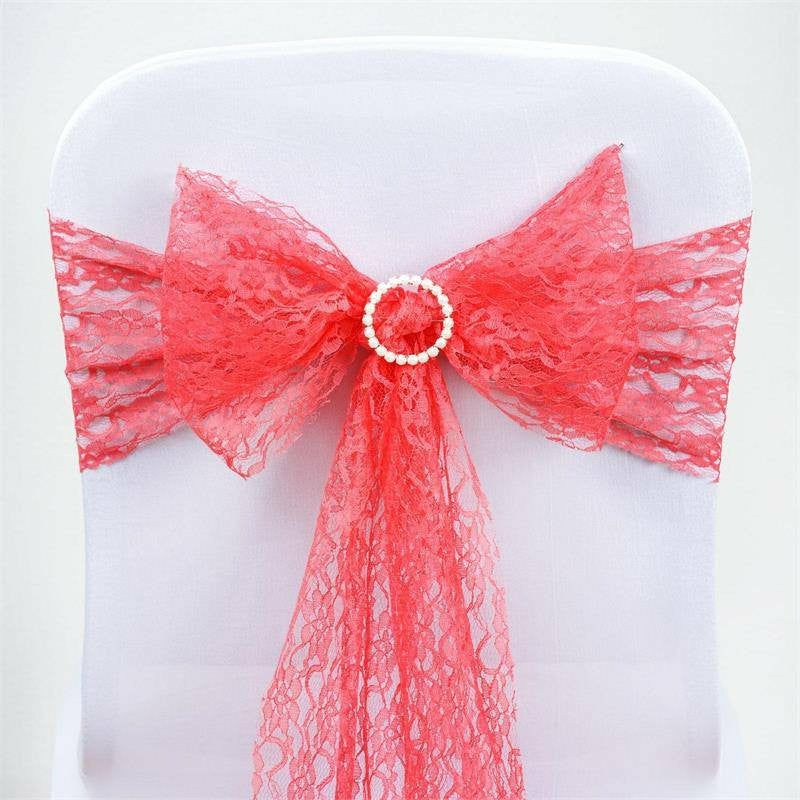 5 Pack Coral Floral Lace Chair Sashes 6″x108″  |   Jute Burlap & Lace Chair Sashes Coral