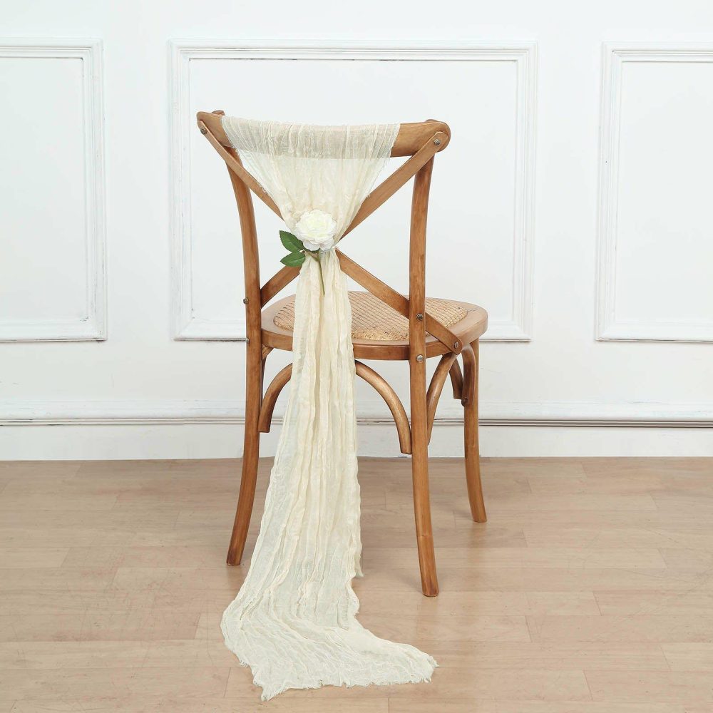 5 Pack Cream Gauze Cheesecloth Boho Chair Sashes 16″ x 88″  |   Jute Burlap & Lace Chair Sashes Cream