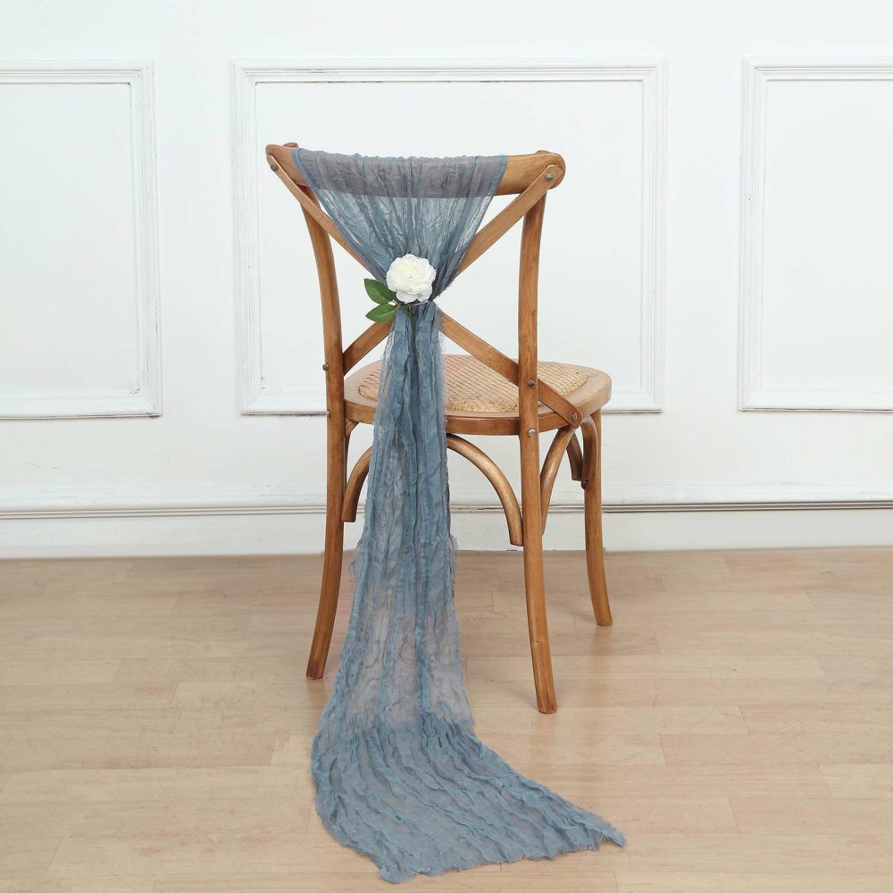 5 Pack Dusty Blue Gauze Cheesecloth Boho Chair Sashes 16″ x 88″  |   Jute Burlap & Lace Chair Sashes Dusty Blue