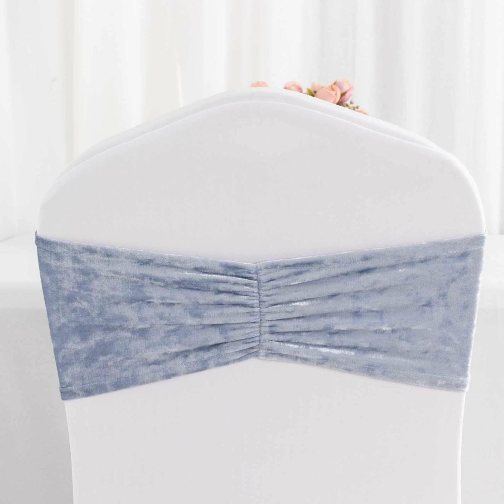 5 Pack Dusty Blue Premium Crushed Velvet Ruffle Chair Sashes, Decorative Wedding Chair Bands  |   Velvet & Flocking Chair Sashes Dusty Blue