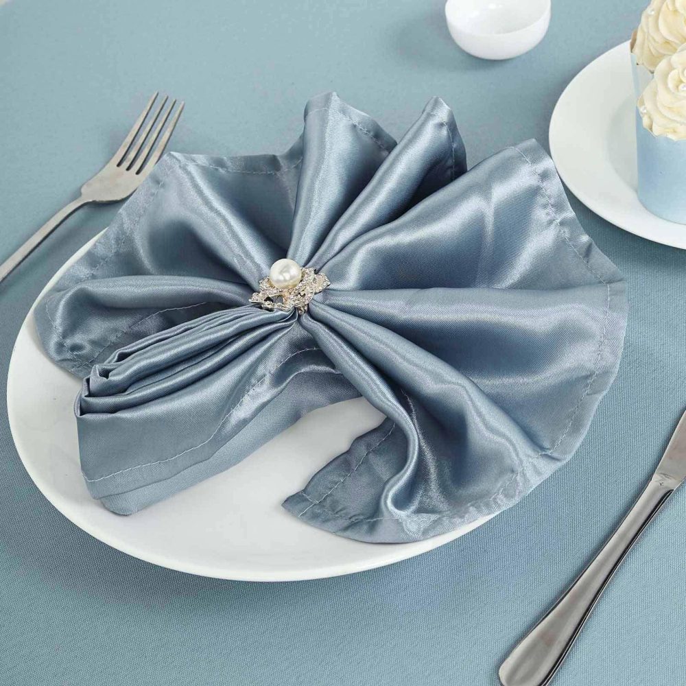 5 Pack Dusty Blue Seamless Satin Cloth Dinner Napkins, Wrinkle Resistant 20″x20″  |   Satin & Taffeta Cloth Napkins Dusty Blue