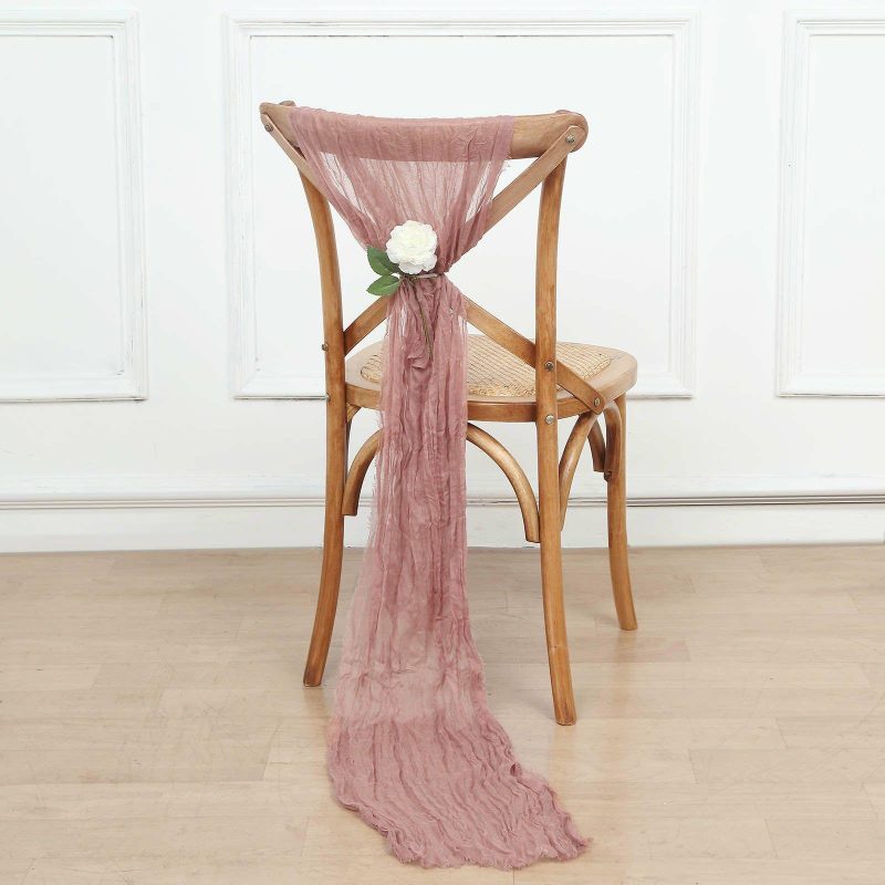 5 Pack Dusty Rose Gauze Cheesecloth Boho Chair Sashes 16″ x 88″  |   Jute Burlap & Lace Chair Sashes Dusty rose