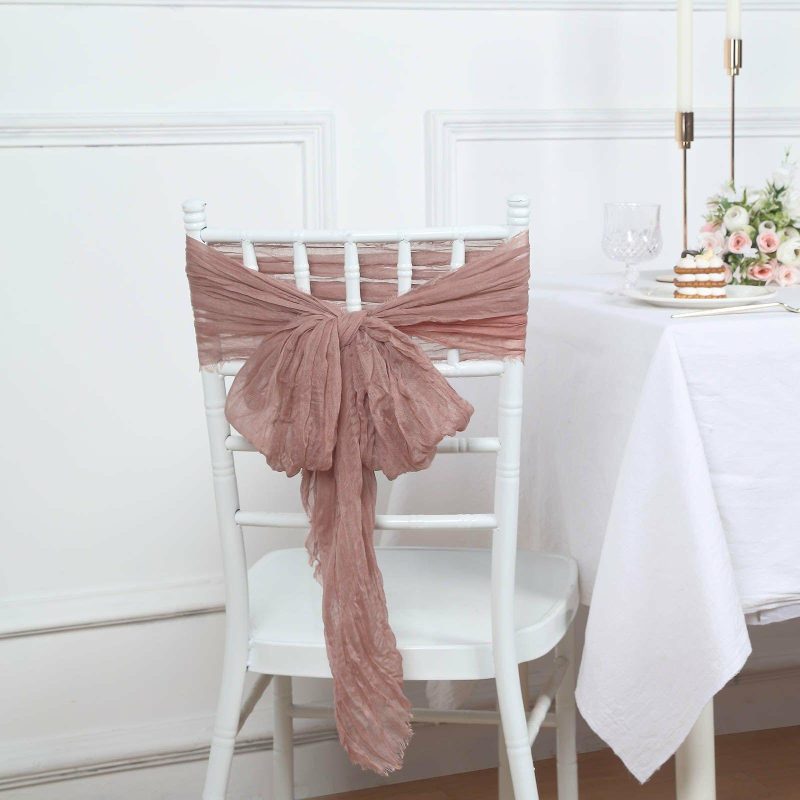 5 Pack Dusty Rose Gauze Cheesecloth Boho Chair Sashes 16″ x 88″  |   Jute Burlap & Lace Chair Sashes Dusty rose