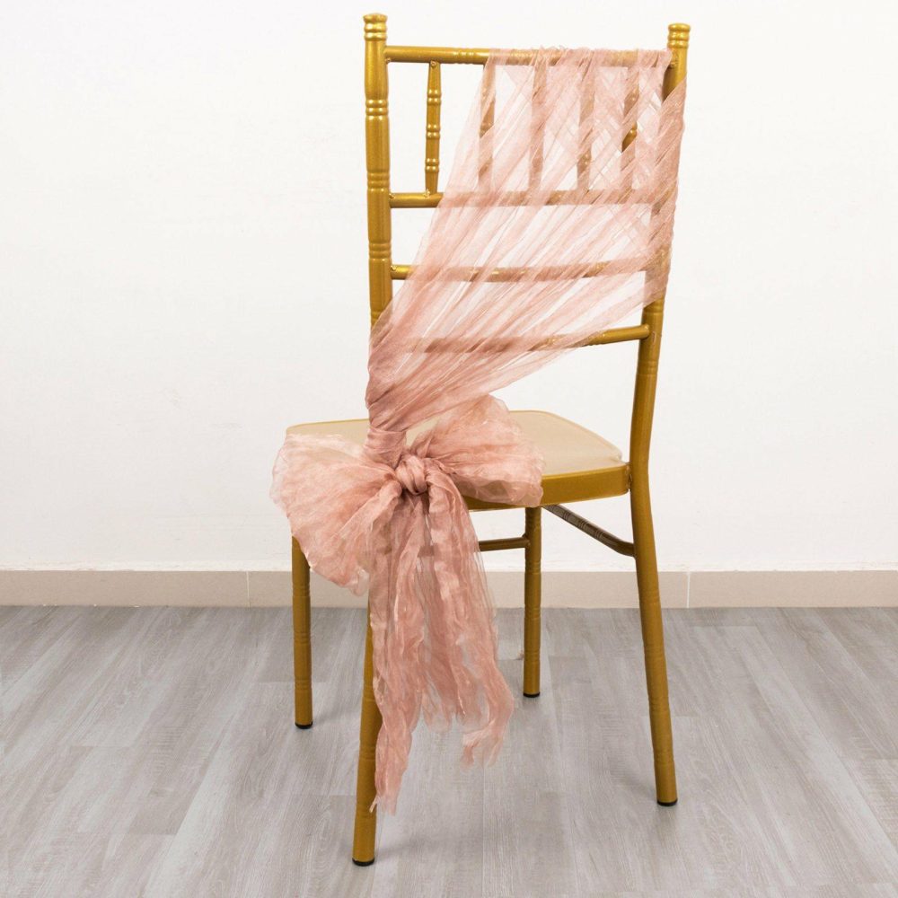 5 Pack Dusty Rose Sheer Crinkled Organza Chair Sashes, Premium Shimmer Chiffon Layered Chair Sashes  |   Organza & Chiffon Chair Sashes Dusty rose