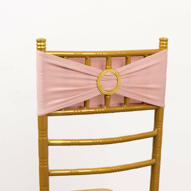 5 Pack Dusty Rose Spandex Chair Sashes with Gold Rhinestone Buckles, Elegant Stretch Chair Bands and Slide On Brooch Set 5″x14″  |   Spandex Fitted Chair Sashes Dusty rose