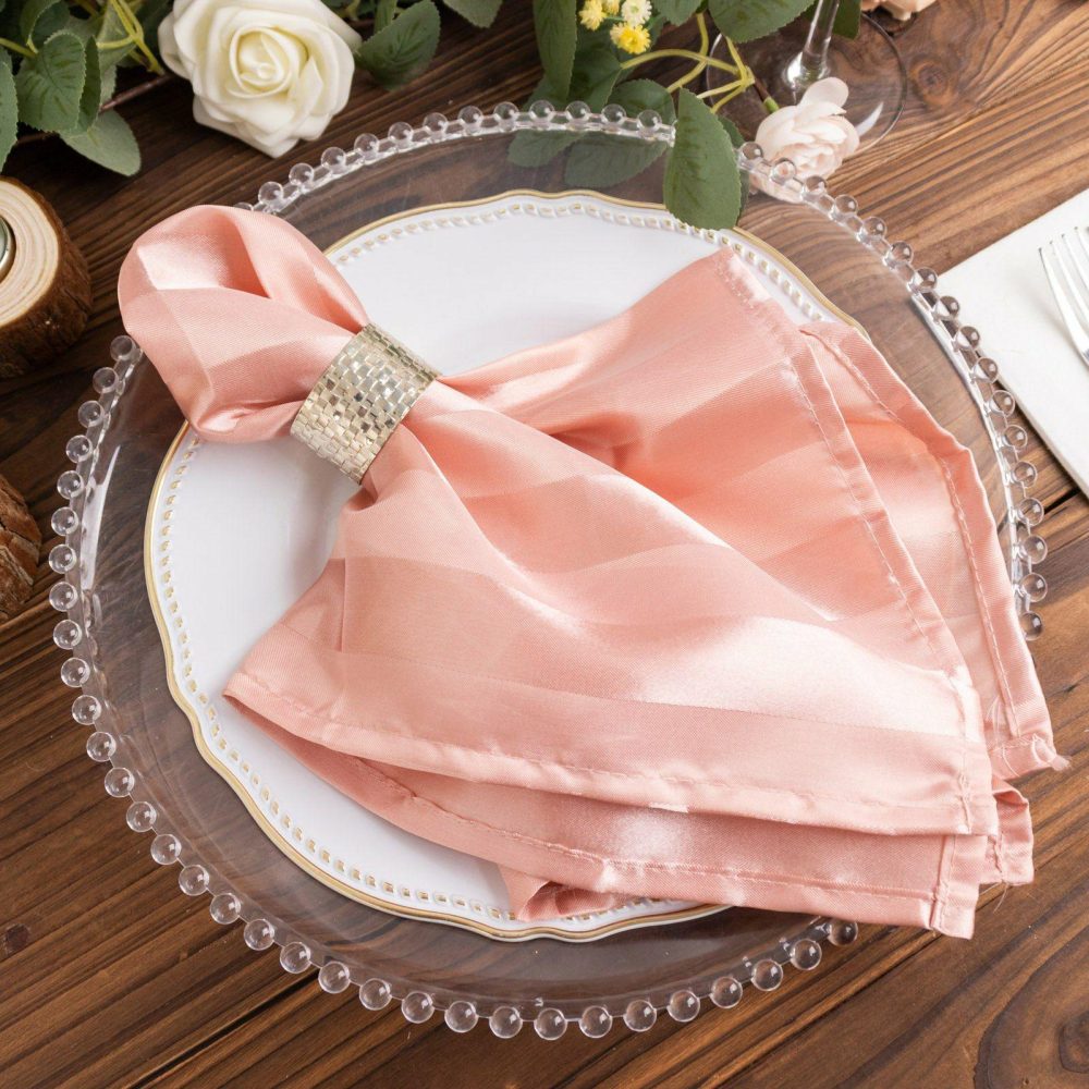 5 Pack Dusty Rose Striped Satin Cloth Napkins, Wrinkle-Free Reusable Dinner Napkins 20″x20″  |   Satin & Taffeta Cloth Napkins Dusty rose