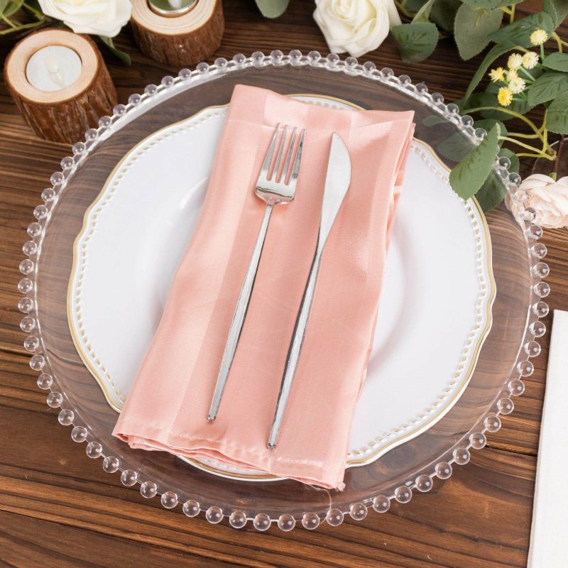 5 Pack Dusty Rose Striped Satin Cloth Napkins, Wrinkle-Free Reusable Dinner Napkins 20″x20″  |   Satin & Taffeta Cloth Napkins Dusty rose