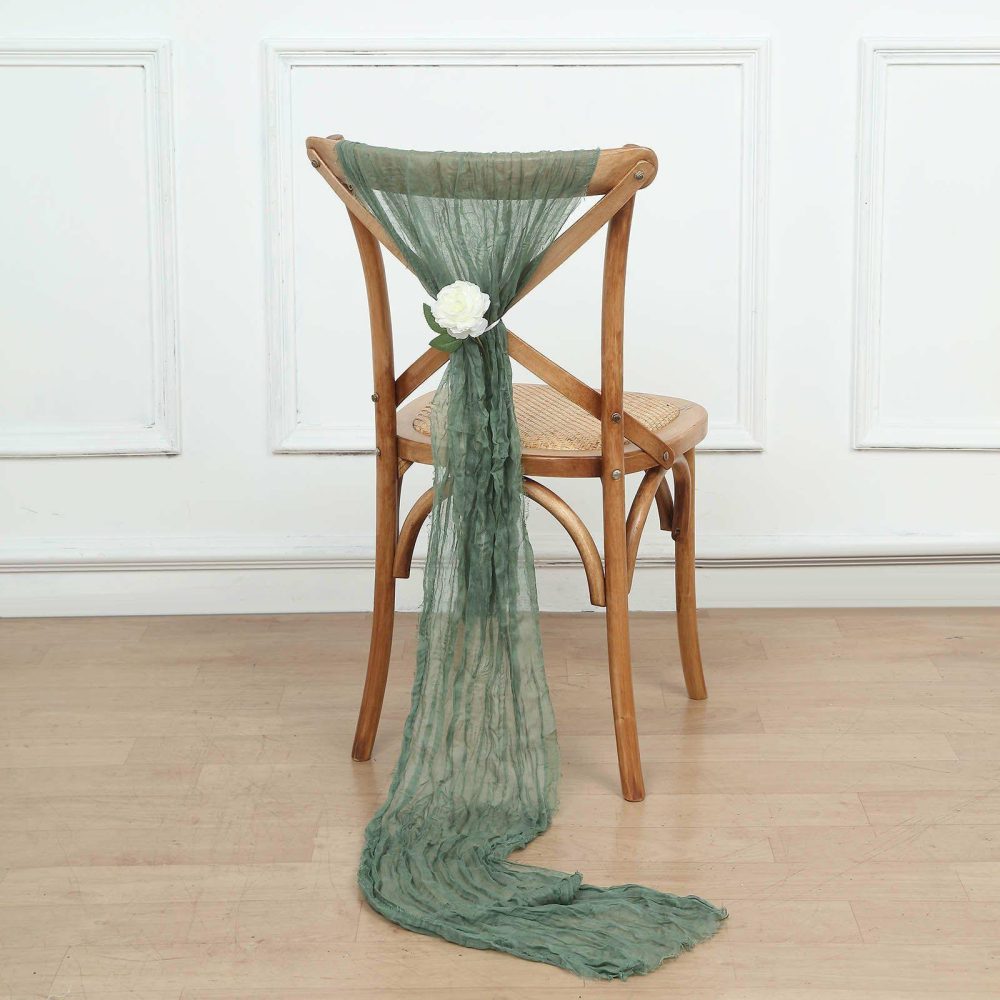 5 Pack Dusty Sage Green Gauze Cheesecloth Boho Chair Sashes 16″ x 88″  |   Jute Burlap & Lace Chair Sashes Dusty Sage Green