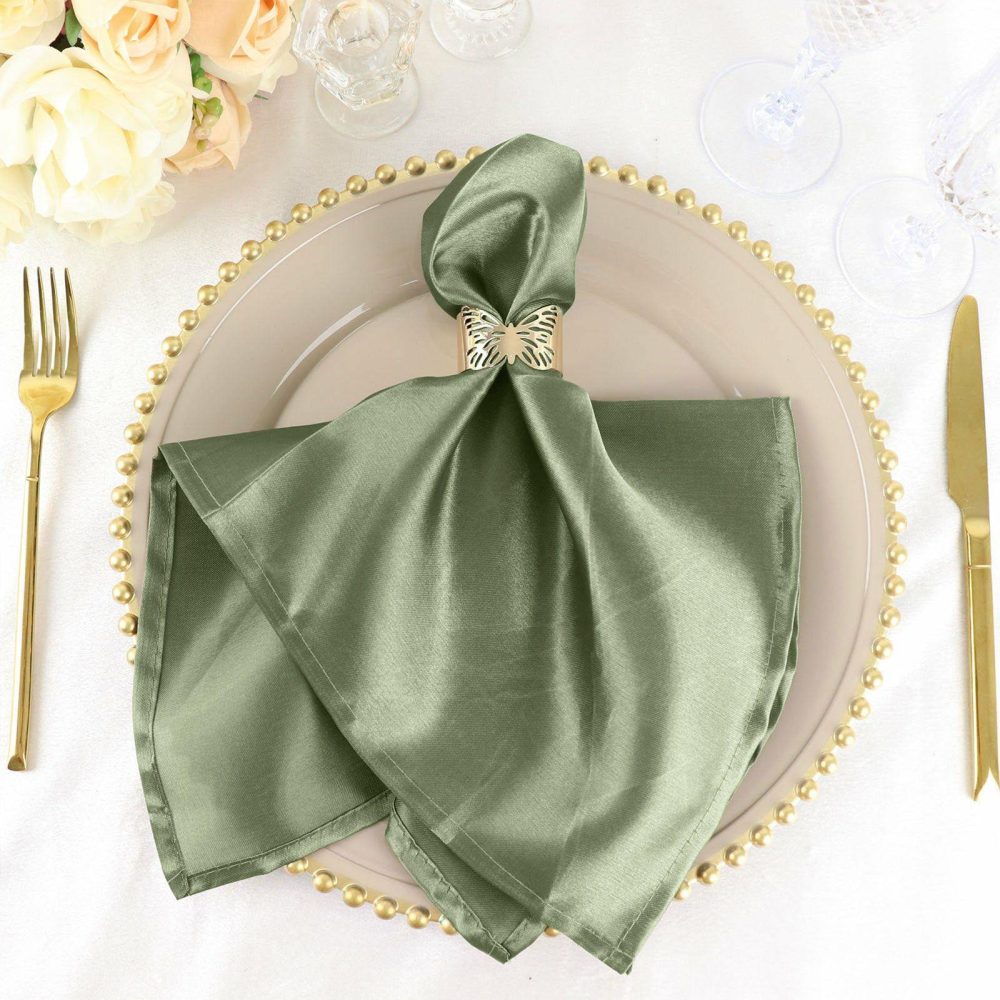 5 Pack Dusty Sage Green Seamless Satin Cloth Dinner Napkins, Wrinkle Resistant 20″x20″  |   Satin & Taffeta Cloth Napkins Dusty Sage Green