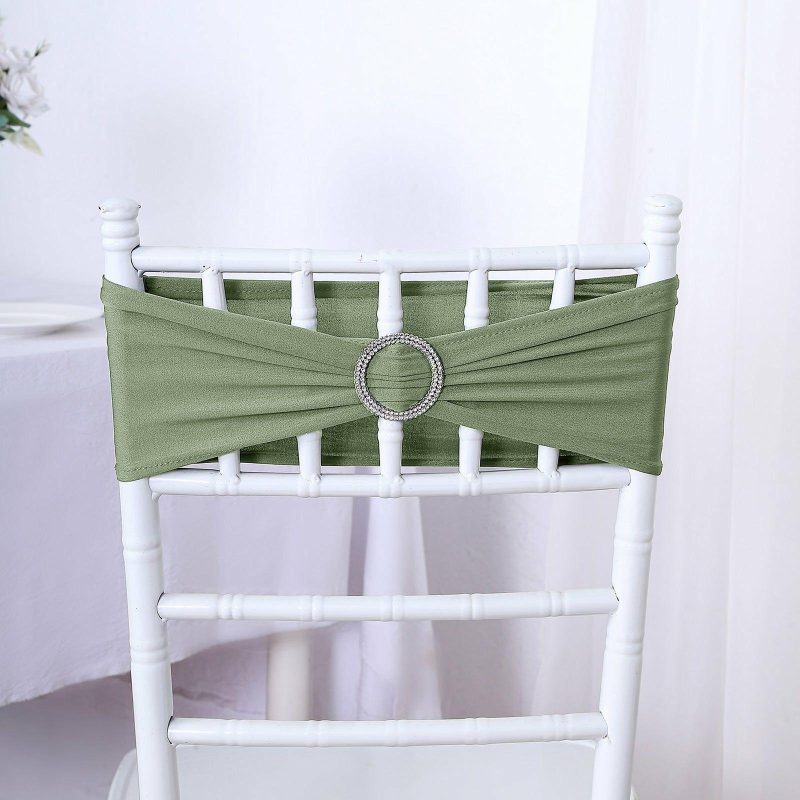 5 Pack Dusty Sage Green Spandex Stretch Chair Sashes with Silver Diamond Ring Slide Buckle 5″x14″  |   Spandex Fitted Chair Sashes Dusty Sage Green