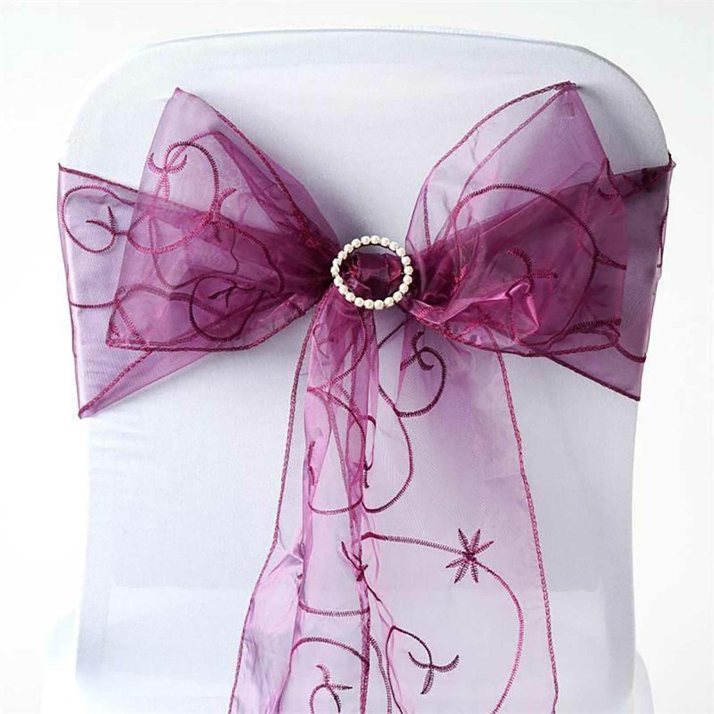 5 Pack Eggplant Embroidered Organza Chair Sashes 7″x108″  |   Organza & Chiffon Chair Sashes Eggplant