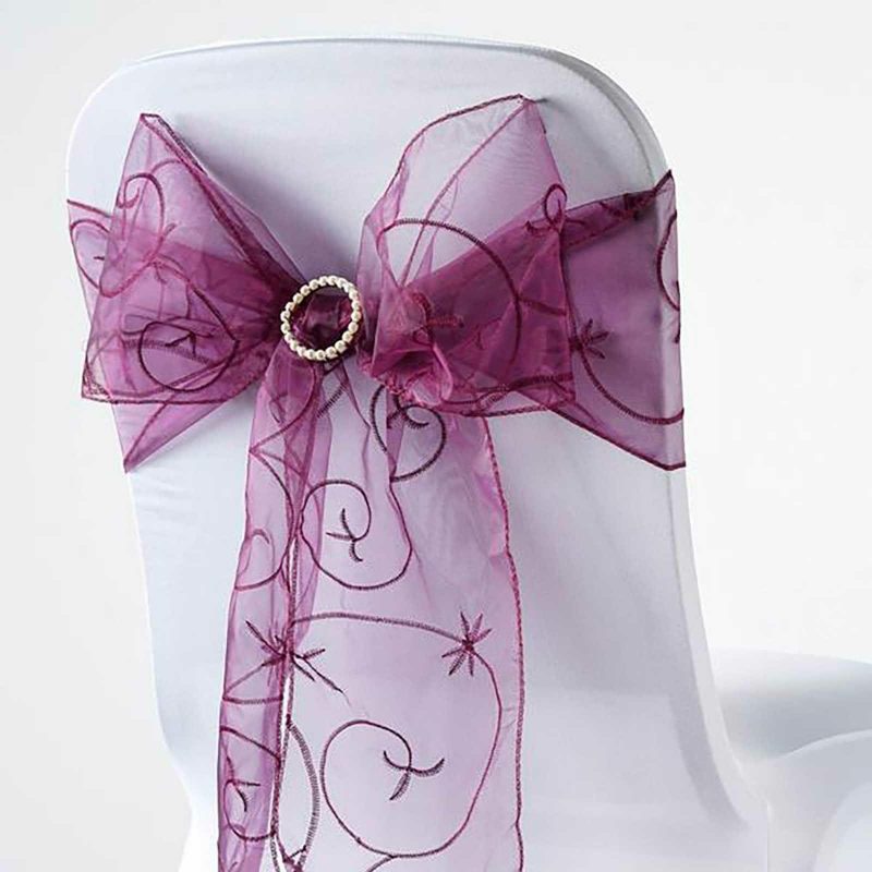 5 Pack Eggplant Embroidered Organza Chair Sashes 7″x108″  |   Organza & Chiffon Chair Sashes Eggplant