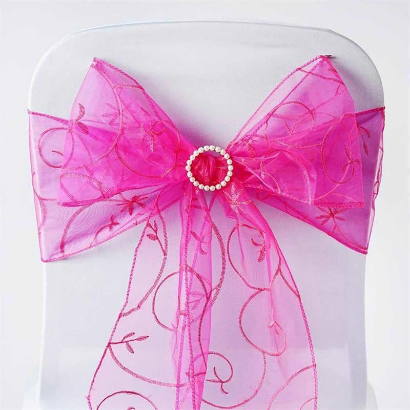 5 Pack Fuchsia Embroidered Organza Chair Sashes 7″x108″  |   Organza & Chiffon Chair Sashes Fuchsia