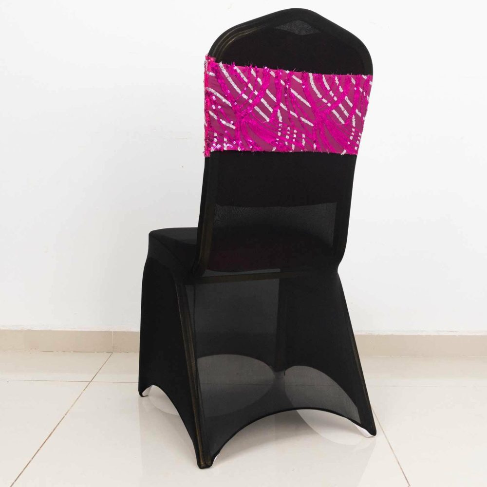 5 Pack Fuchsia Silver Wave Chair Sash Bands With Embroidered Sequins  |   Glittering Sequin Chair Sashes Fuchsia / Silver